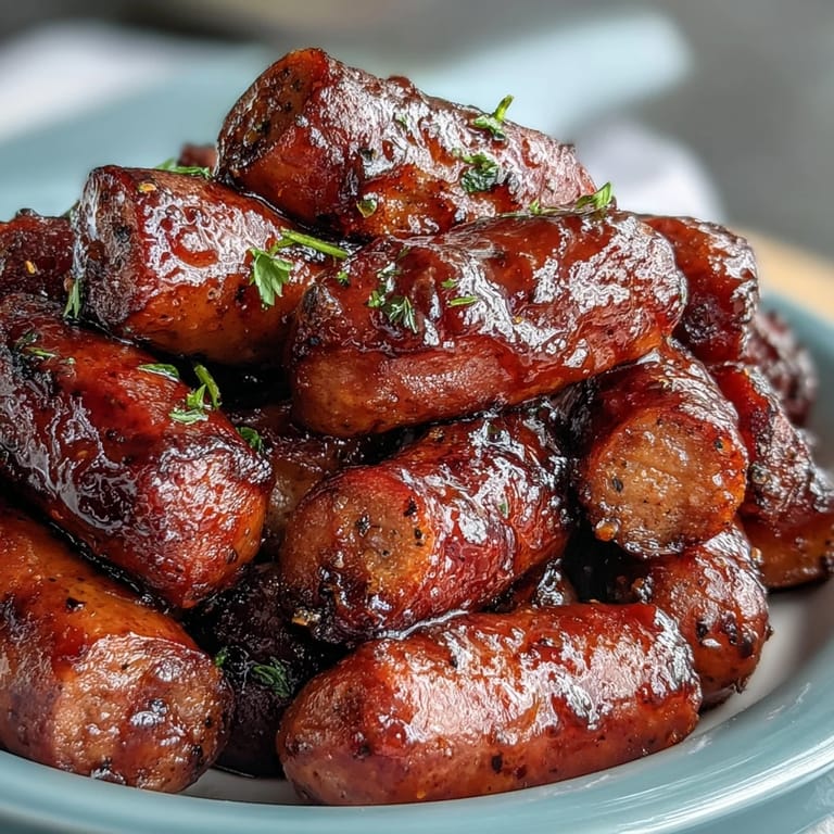 Toothpick-ready mini smoked sausages coated in a sweet and tangy sauce, perfect for a game-day appetizer spread.