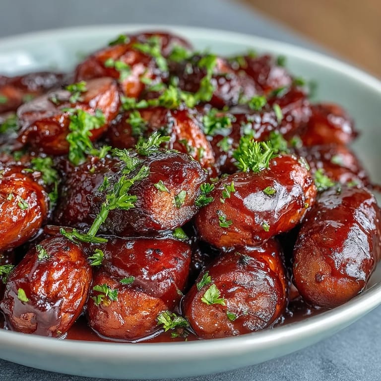 A skillet of Crock Pot BBQ Cocktail Sausages garnished with fresh parsley, paired with chips at a casual party.