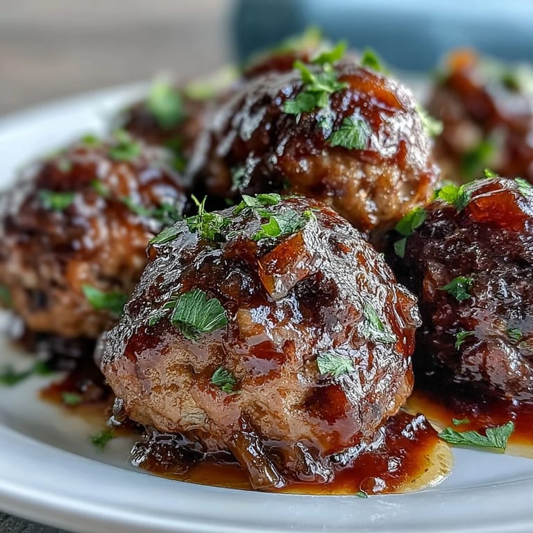 Juicy Slow Cooker Peach Glazed Meatballs simmer in a rich, glossy sauce inside the slow cooker, with steam rising and a wooden spoon ready to serve.