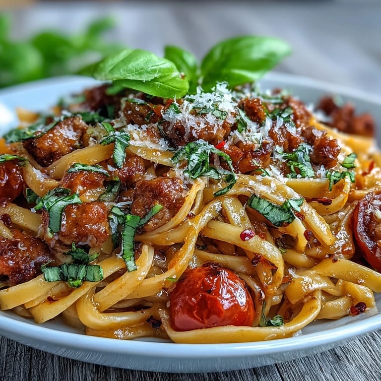 A warm bowl of Italian Drunken Noodles topped with fresh basil, grated Parmesan, and a lemon wedge.