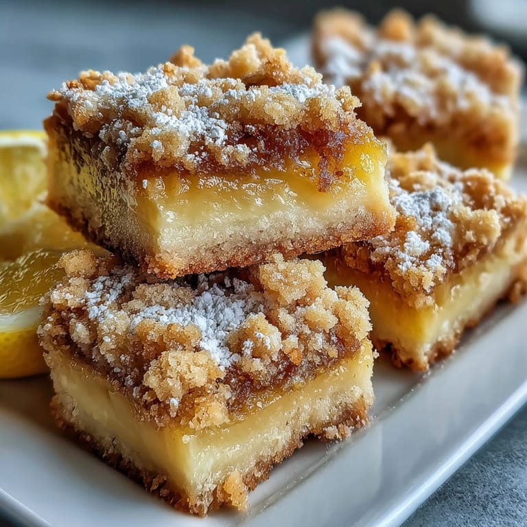 Freshly baked Homemade Lemon Crumb Bars stacked on a white plate, ready to serve with tea.