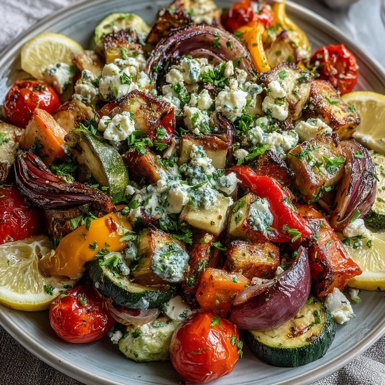Roasted Mediterranean Greek vegetables with zucchini and bell peppers on a baking sheet, garnished with feta and ready to serve.