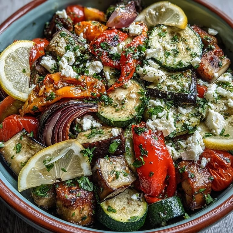 Colorful bowl of roasted Mediterranean Greek vegetables, featuring tender eggplant and tomatoes, finished with Kalamata olives and zesty lemon.