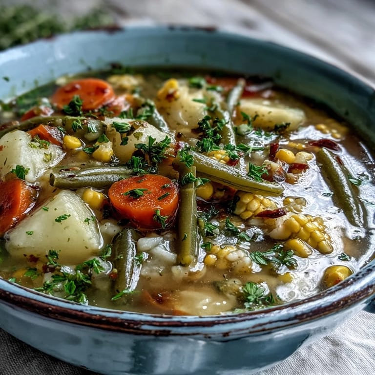 Hearty Amish Snow Day Soup ladled into a white bowl, garnished with parsley beside crusty bread.