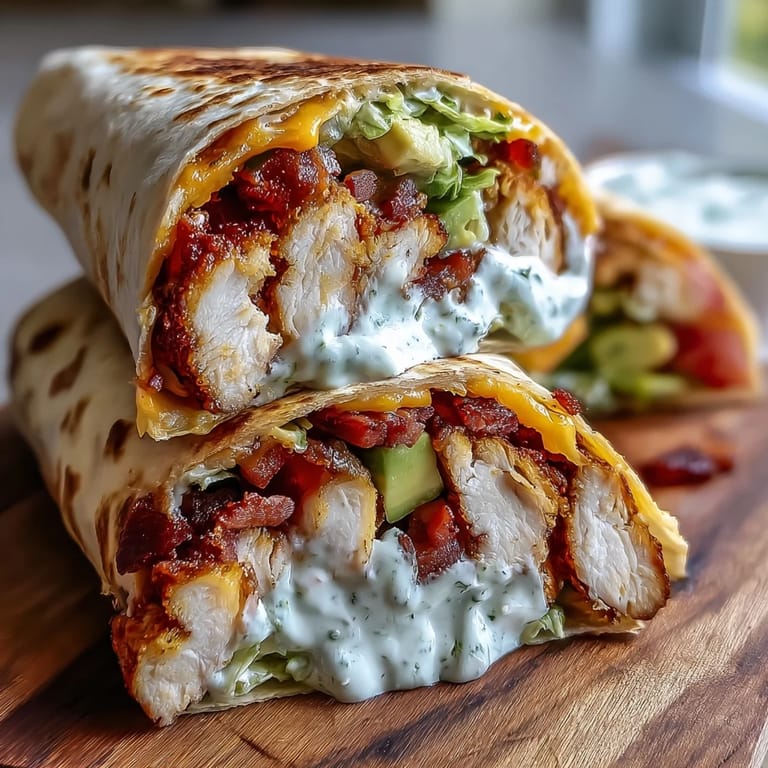 Sliced diagonal Crispy Chicken Bacon Wrap shows creamy avocado and fresh lettuce on a plate.