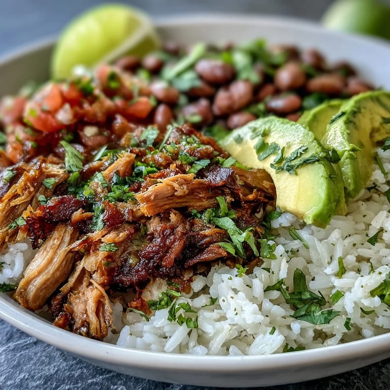 Overhead view of a delicious Carnitas Bowl with crispy carnitas, cilantro, and lime wedges, ready to be customized with fresh salsa and avocado.