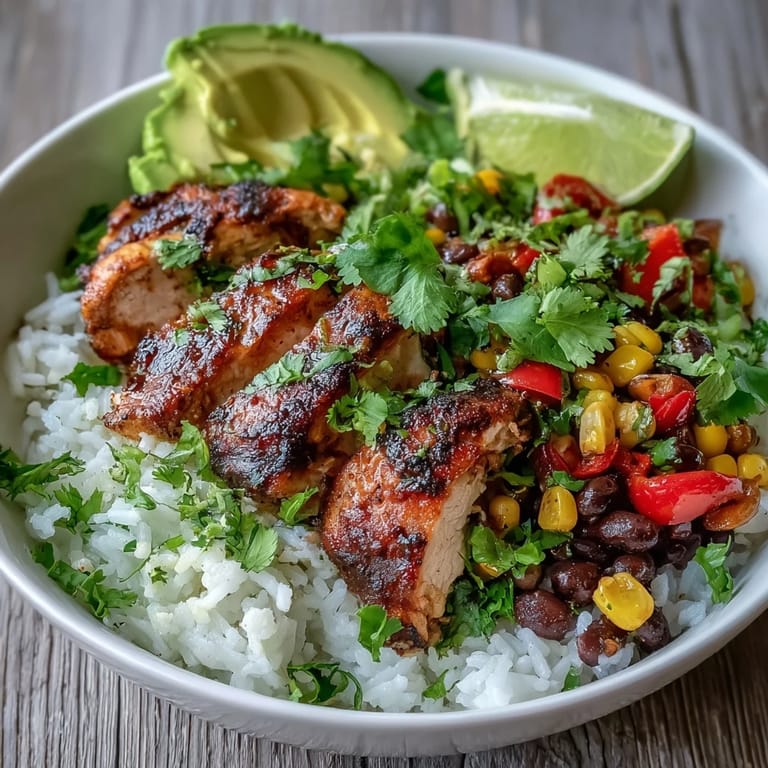 A close-up view of a Cajun Chicken Bowl garnished with cilantro and lime wedges, showcasing juicy chicken nestled in colorful vegetables.