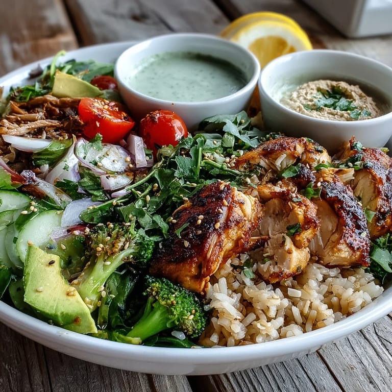 A wholesome Rotisserie Chicken Bowl featuring tender chicken over brown rice, broccoli, cucumber, and a drizzle of sriracha mayo.