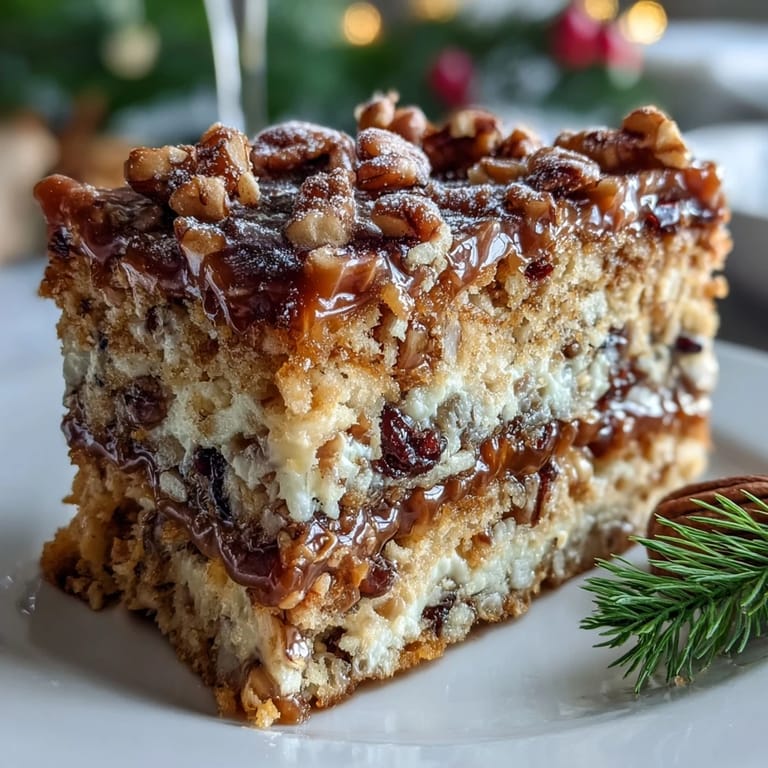A whole Christmas Toffee Crunch Cake features cracked, golden-brown tops with melted toffee and nuts, baked in round pans.