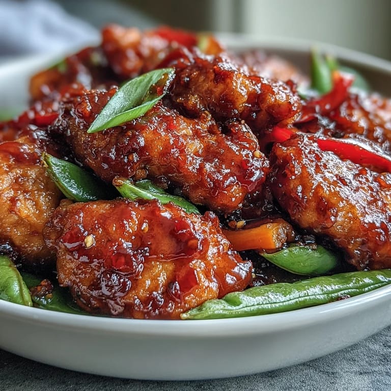Juicy golden-brown chicken thighs stir-fried with crisp red and yellow bell peppers, snap peas, and onions tossed in a sweet and spicy glaze.