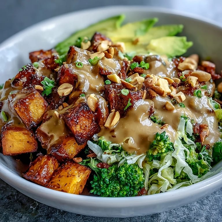 Colorful Thai Peanut Sweet Potato Buddha Bowl with avocado, broccoli, and a rich, tangy peanut dressing for dinner.