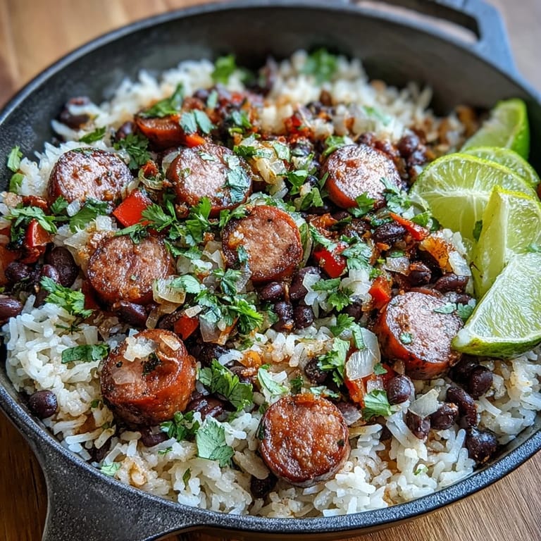 The finished Black Beans, Sausage, and Rice Skillet served in a skillet topped with cilantro and lime wedges.