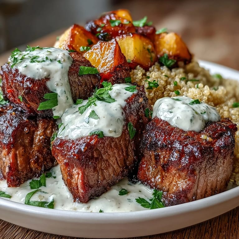 Tender steak cubes and caramelized squash are served warm over quinoa, finished with a rich garlic herb drizzle in this Savory Butternut Squash & Garlic Herb Steak Bowls.