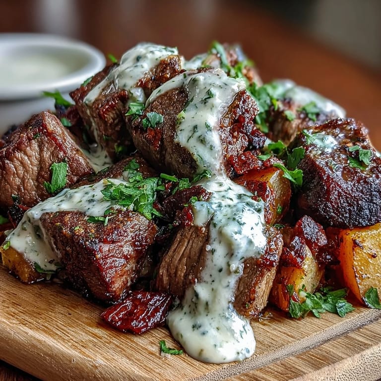 A close-up view highlights the juicy steak, golden squash, and creamy garlic herb sauce topping fluffy quinoa in these Savory Butternut Squash & Garlic Herb Steak Bowls.
