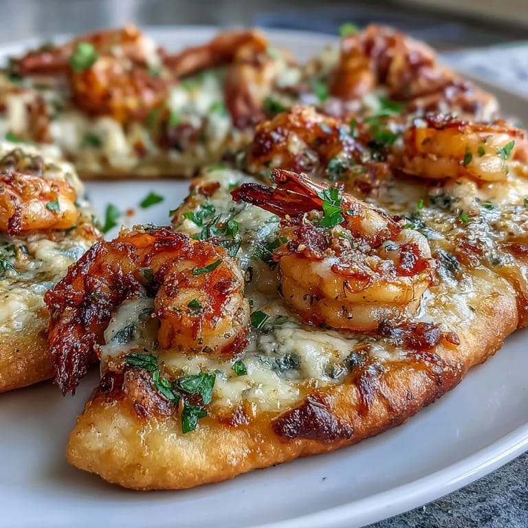 Golden Garlic Butter Shrimp Naan Pizzas sit on a wooden board, garnished with fresh parsley.