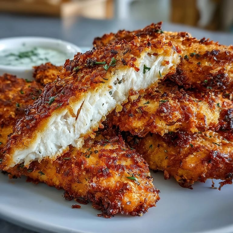 Heaping platter of Crispy Panko Ranch Chicken Tenders served with creamy dipping sauces for dinner.