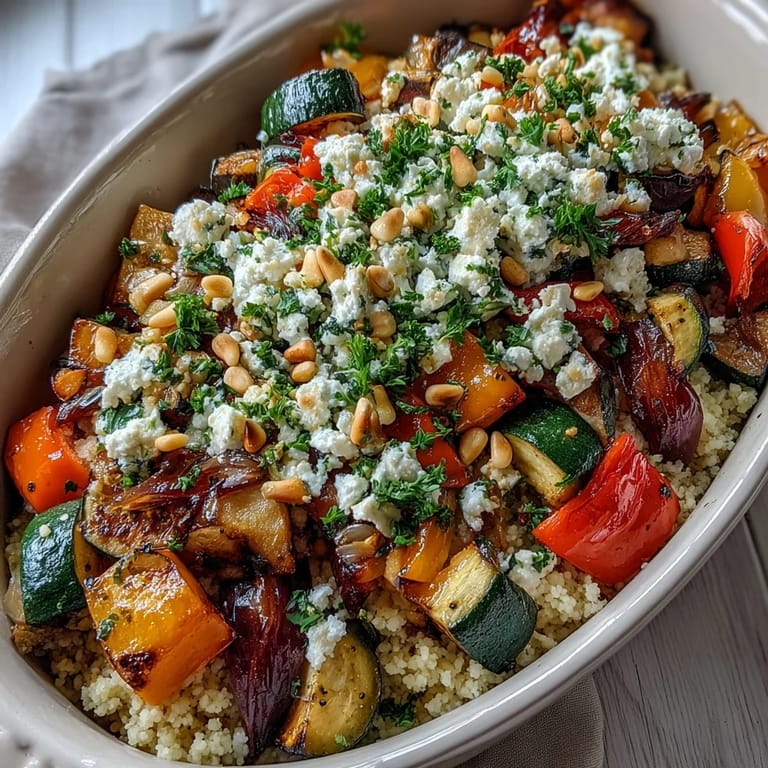 Steam rises from a serving of Roasted Veggie & Feta Couscous Bake, showing colorful peppers, zucchini, and melted cheese.