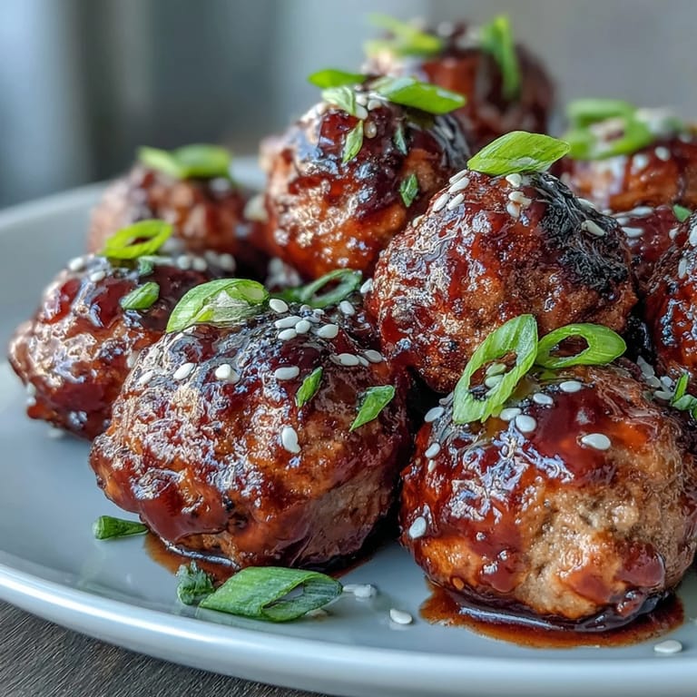 A close-up shows tender ground turkey meatballs tossed in a vibrant red chili honey sauce on a plate.