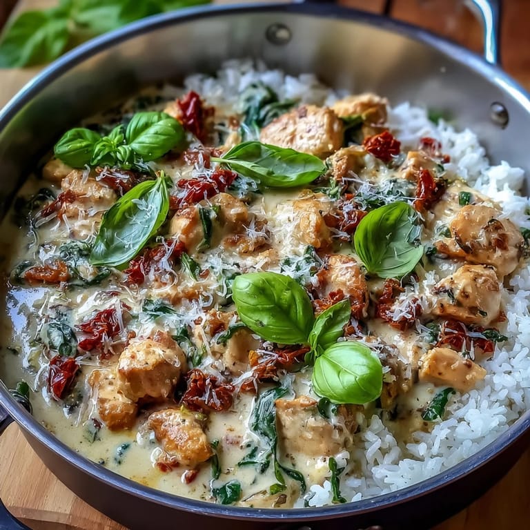 Fresh basil and sun-dried tomatoes top this hearty, one-pan Creamy Tuscan Chicken Rice Skillet.