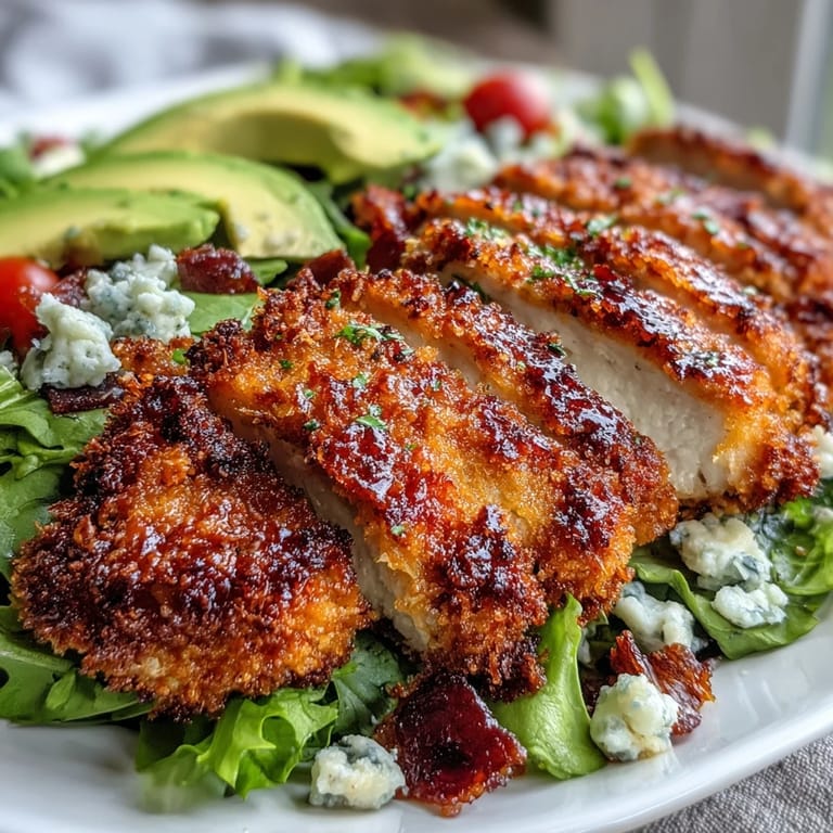 Sliced Parmesan crusted chicken rests on a hearty Cobb salad with tomatoes, blue cheese, and tangy vinaigrette.