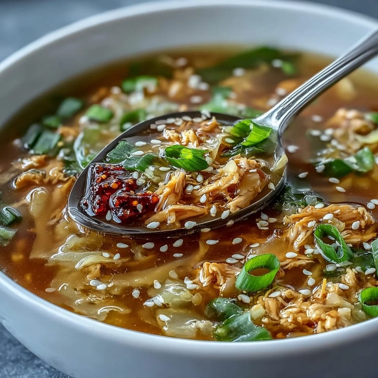 Enjoy a comforting serving of Egg Roll Soup with Chicken & Cabbage, garnished with sesame seeds and vibrant green onions.