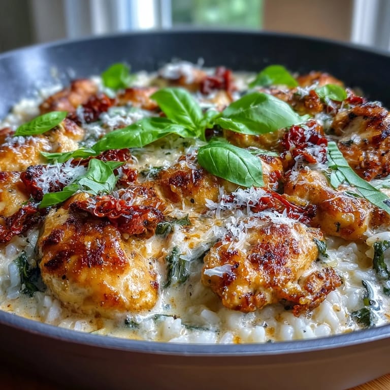 One-pan Creamy Tuscan Chicken Rice Skillet features fluffy rice, tender chicken, and wilted spinach in a garlicky cream sauce.