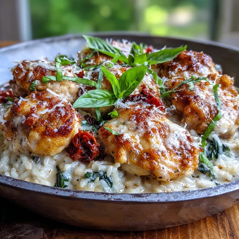 Savory Creamy Tuscan Chicken Rice Skillet with sun-dried tomatoes, topped with fresh basil and grated Parmesan, ready to serve.