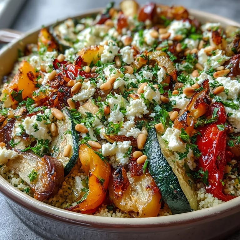 Freshly baked vegetarian Mediterranean side dish featuring roasted vegetables, couscous, and bubbly feta cheese.