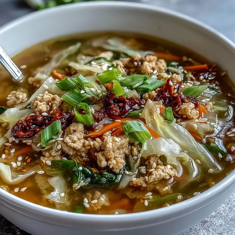 A close-up of Egg Roll Soup with Chicken & Cabbage featuring tender veggies and a drizzle of chili crisp.