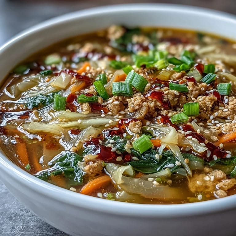 Homemade Egg Roll Soup with Chicken & Cabbage served hot in a rustic bowl, perfect for dinner.
