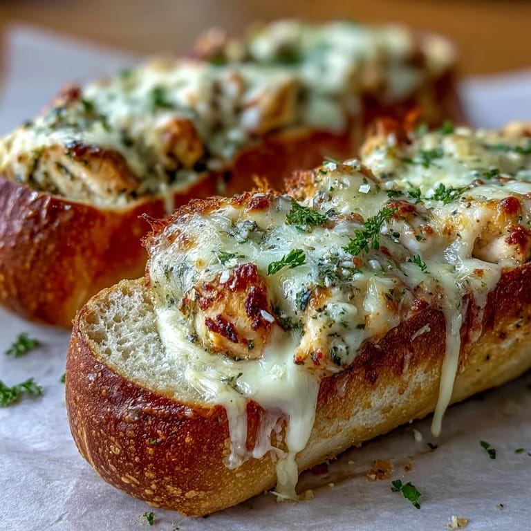 Family-style Pesto Chicken Garlic Bread Boats on a wooden board, filled with tender chicken and pesto.