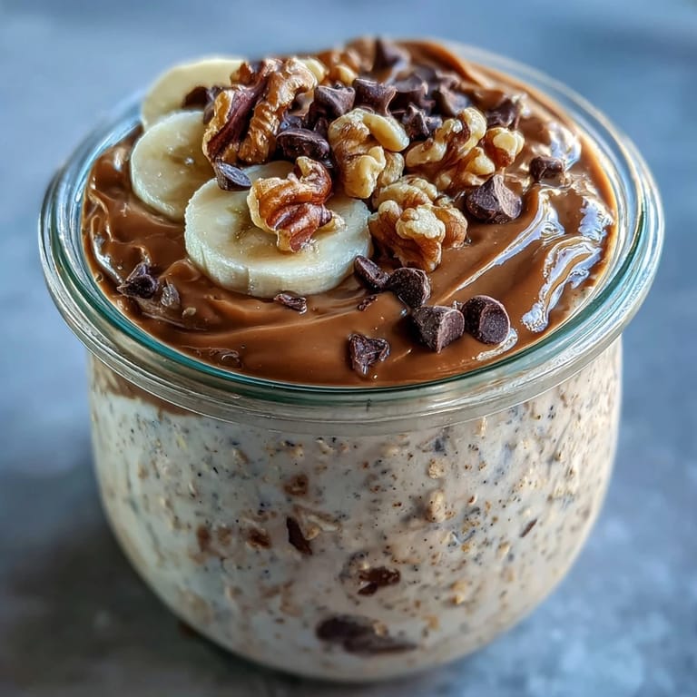 Chunky Monkey Protein Overnight Oats topped with chopped walnuts and mini chocolate chips, ready to enjoy.