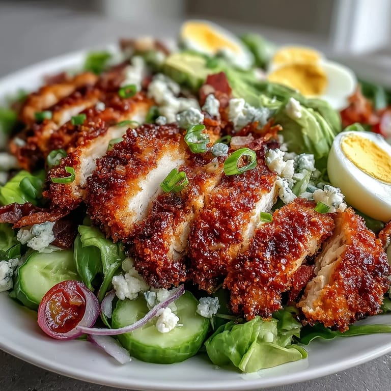 Golden Parmesan Crusted Chicken arranged over mixed greens, cucumber, and red onion on a white platter ready to serve.