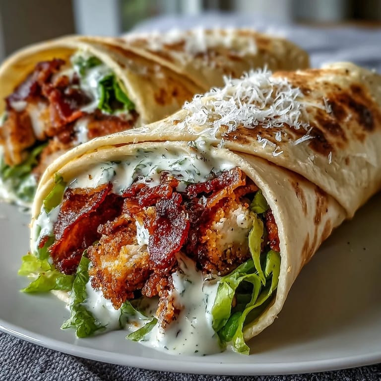 Two golden-brown Crispy Chicken Bacon Caesar Wraps sliced on a wooden board, garnished with grated Parmesan.