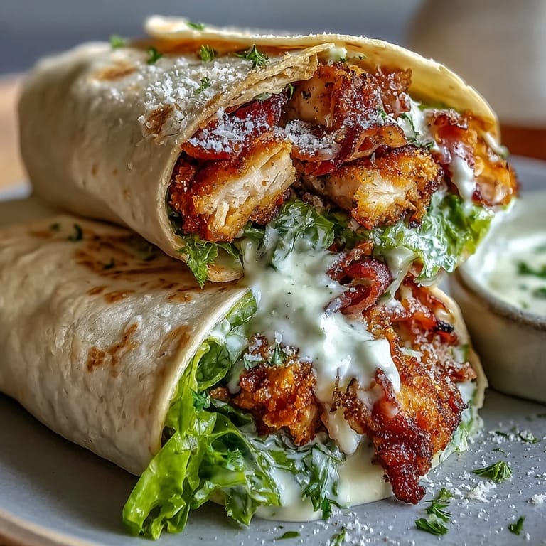 Freshly made Crispy Chicken Bacon Caesar Wraps served with lemon wedges on a plate, ready to enjoy.
