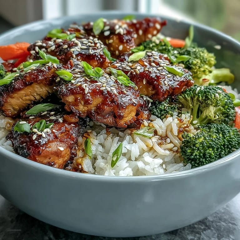 Savory-sweet honey garlic chicken served over jasmine rice, paired with crisp broccoli, carrots, and bell peppers for a colorful, balanced meal.  