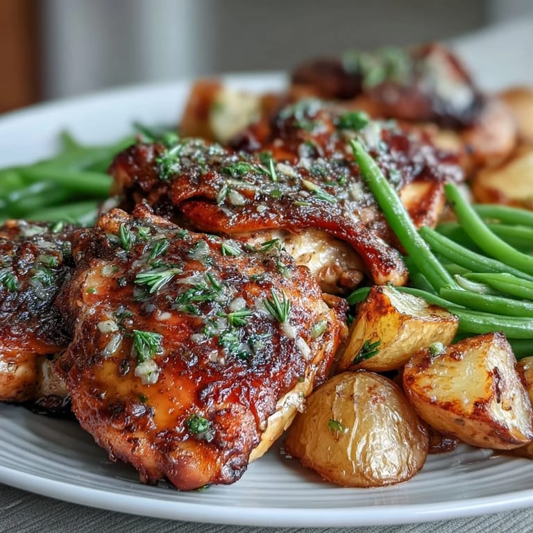 Vibrant lemon garlic chicken with crispy potatoes and tender green beans, perfect for an easy, flavorful family dinner.  