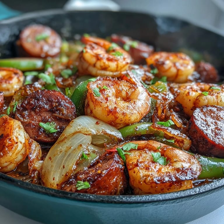A vibrant one-pan meal featuring juicy shrimp and andouille sausage, sautéed with crisp bell peppers and zesty Cajun seasoning for a low-carb dinner.