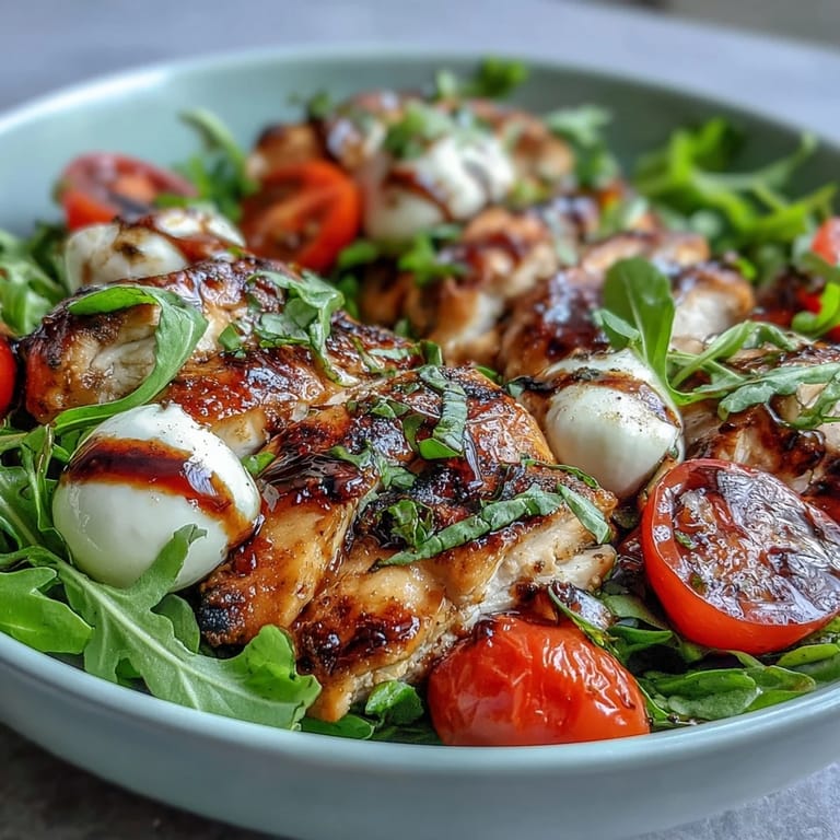 Balsamic Reduction Caprese Bowls: Vibrant chicken and mozzarella salad with cherry tomatoes, basil, and a sweet-tangy balsamic glaze.  
