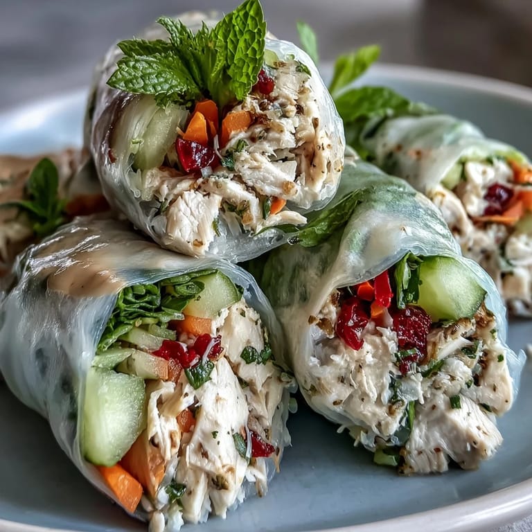 Fresh and healthy chicken spring rolls with vibrant veggies and aromatic mint, paired with a smooth, rich peanut sauce for a satisfying appetizer or light meal.  