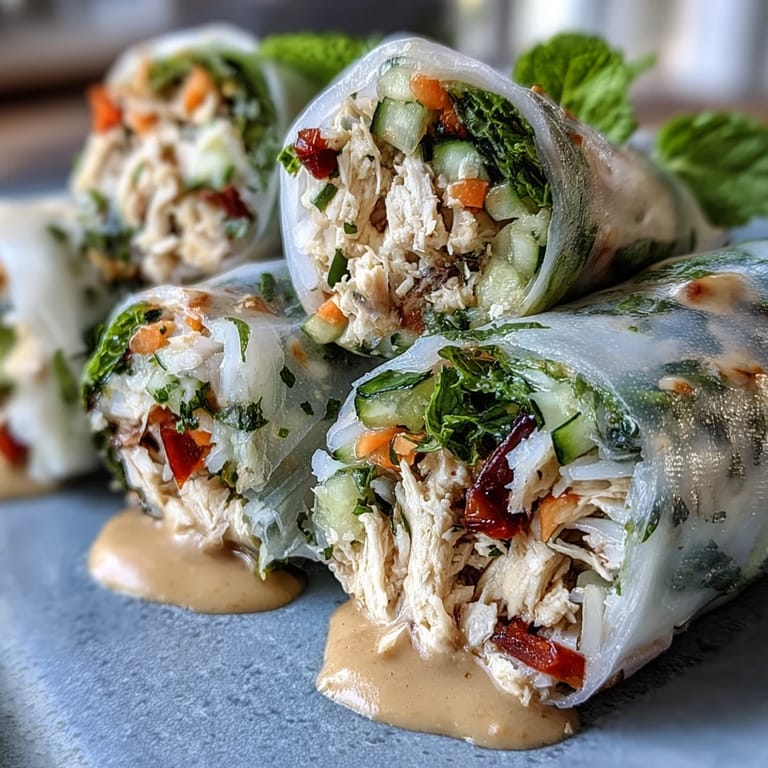 Easy homemade spring rolls filled with shredded chicken, crunchy vegetables, and fresh herbs, accompanied by a zesty, creamy peanut sauce for dipping.