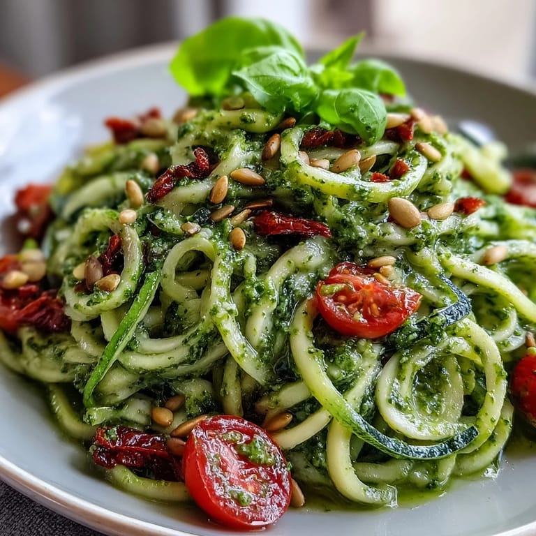 Creamy dairy-free pumpkin seed pesto coats spiralized zucchini noodles for a fresh, plant-based Italian-inspired main dish.
