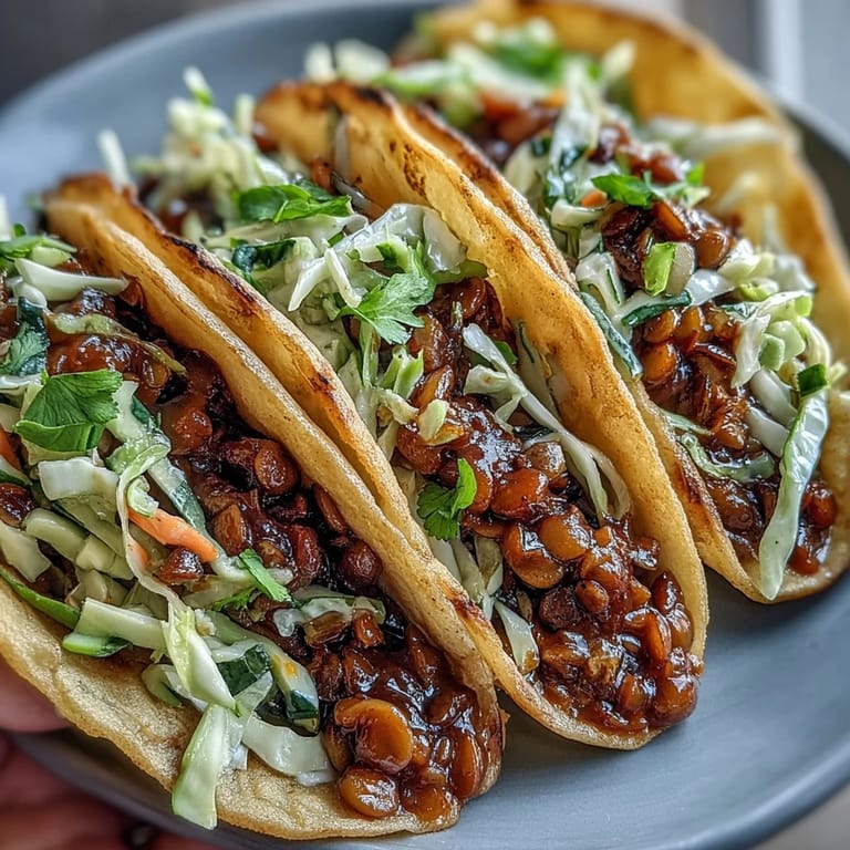 Colorful vegan BBQ lentil tacos topped with crunchy cabbage slaw and fresh cilantro in warm tortillas.  