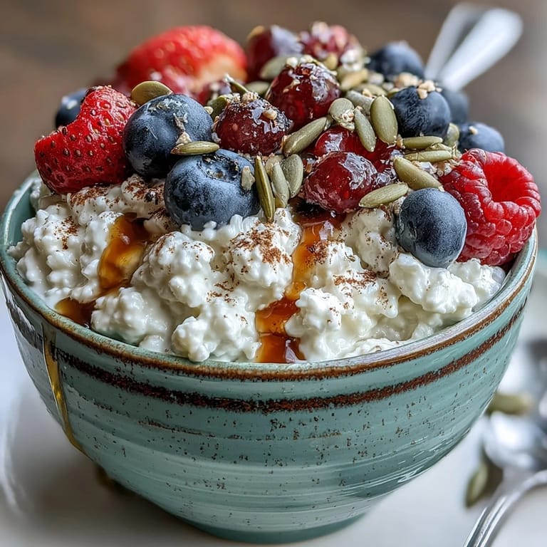 Wholesome cottage cheese paired with juicy berries and toasted seeds, drizzled with honey for a satisfying, healthy treat.