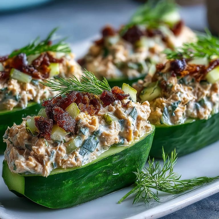 Crunchy cucumber slices stuffed with creamy, tangy vegan chickpea salad, perfect for a refreshing, gluten-free snack or meal.