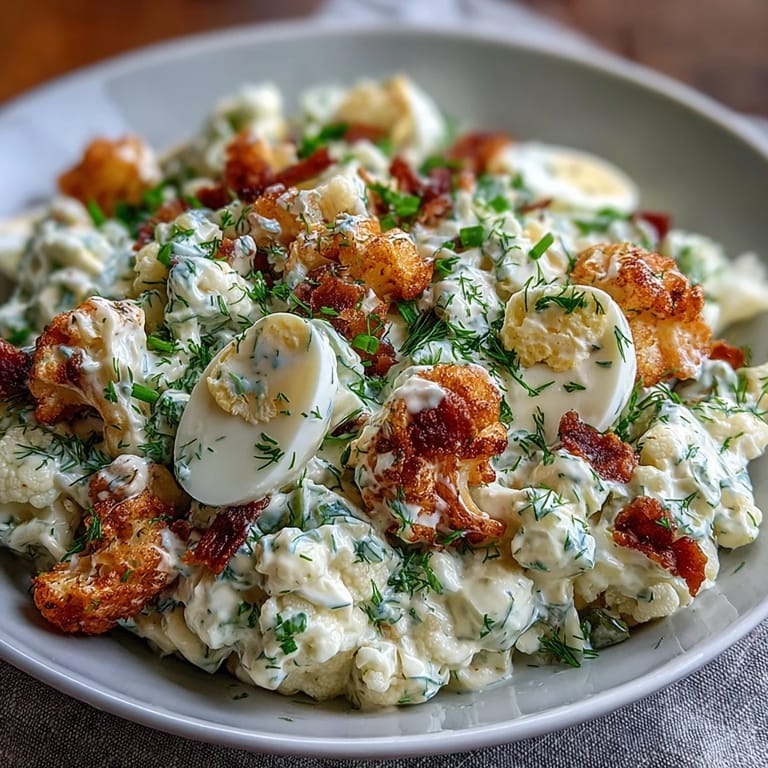 Low-carb cauliflower salad with crisp pickles, hard-boiled eggs, and fresh dill for summer gatherings.  