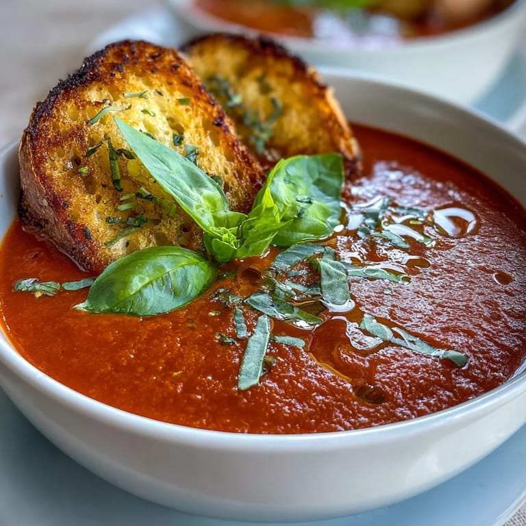 Rich and comforting vegan tomato basil soup with aromatic herbs, served hot alongside crunchy sourdough dippers perfect for dipping and savoring.