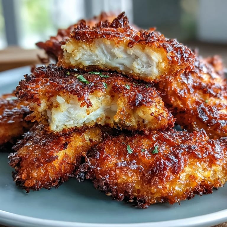 Crunchy almond-Parmesan coating on juicy chicken tenders paired with vibrant cabbage slaw, perfect for low-carb dining.  