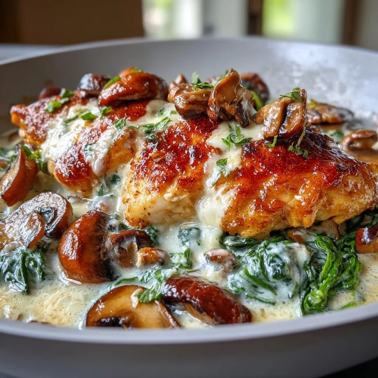 Savory chicken breasts simmered with fresh spinach and mushrooms in a velvety, low-carb cream Parmesan sauce.