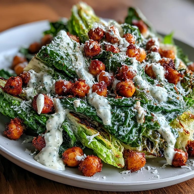 Colorful romaine lettuce tossed with creamy cashew Caesar dressing and crispy roasted chickpea croutons, perfect for vegans.